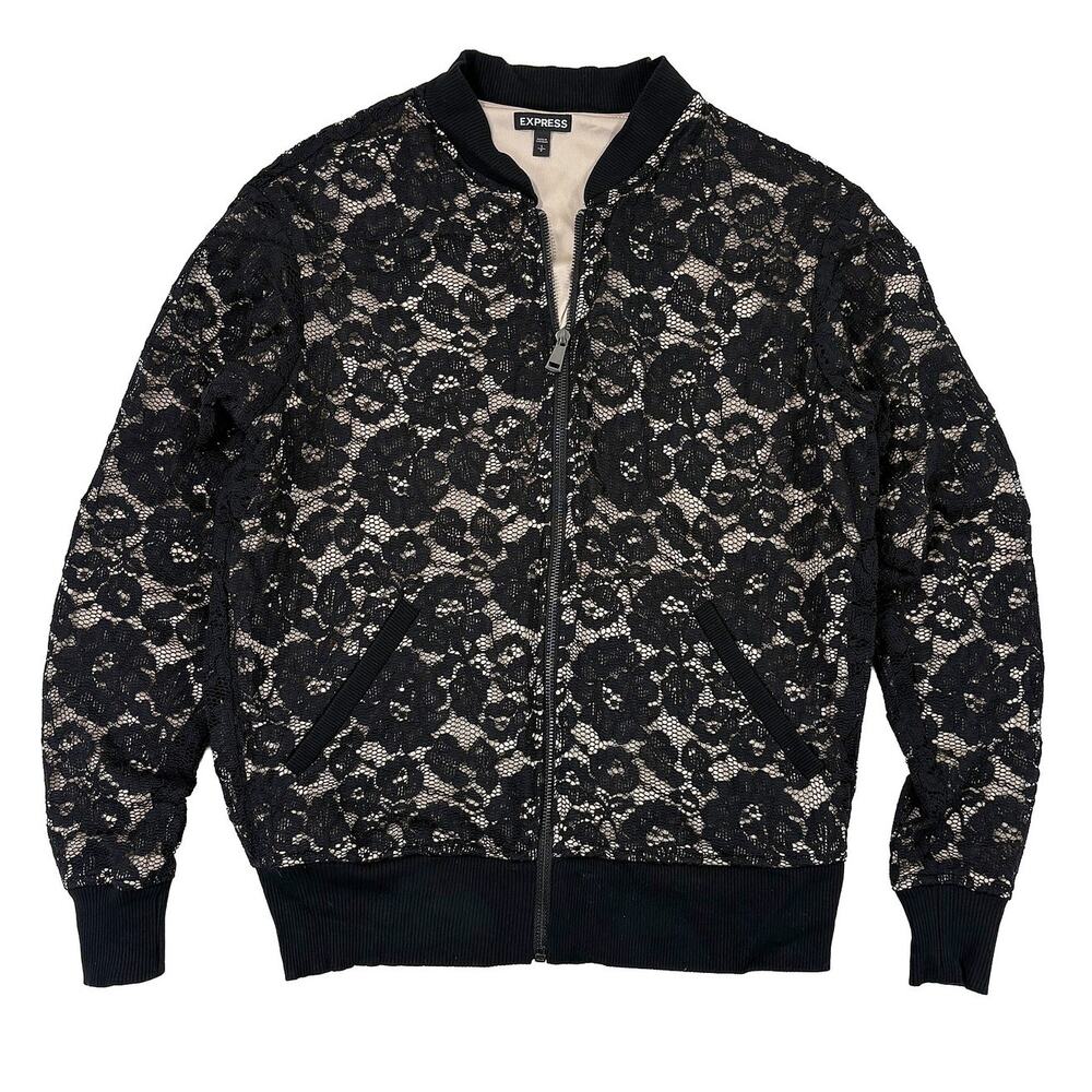 Express Floral Lace Bomber Jacket Womens S Black Romantic Dark Coquette
